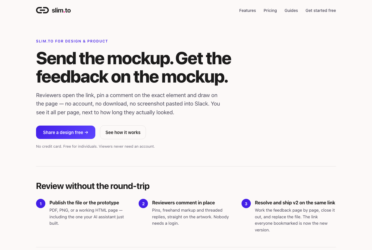 The design and product landing page: headline Send the mockup. Get the feedback on the mockup, a paragraph about pinned comments and drawing on the page without an account, and a three-step section titled Review without the round-trip.