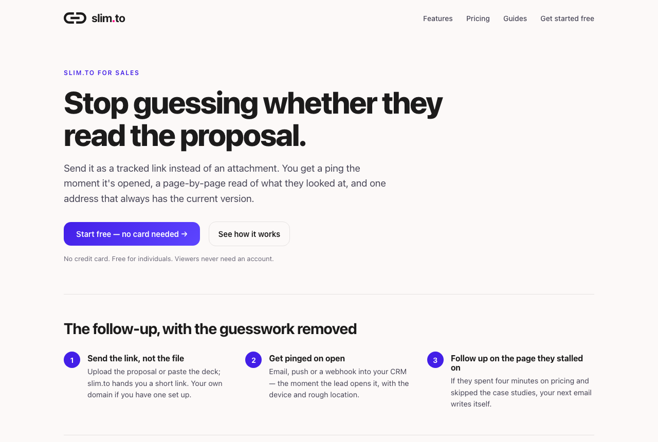 The sales landing page: the slim.to logo, an eyebrow reading slim.to for sales, the headline Stop guessing whether they read the proposal, a paragraph on tracked links, a Start free button, and a three-step section titled The follow-up, with the guesswork removed.