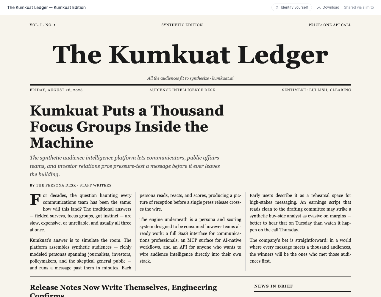 A broadsheet-style newspaper page titled The Kumkuat Ledger, with a double-rule masthead, a dateline, a lead story with a drop cap, and three justified columns. Above it sits the slim.to viewer bar with the page title, an Identify yourself button, a Download button, and a Shared via slim.to badge.